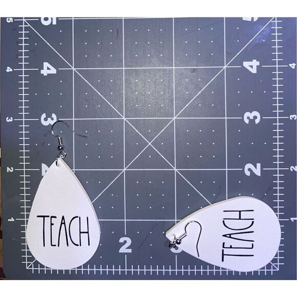 ☀️3/$12☀️ White Faux Leather “TEACH” Earrings - Picture 2 of 3